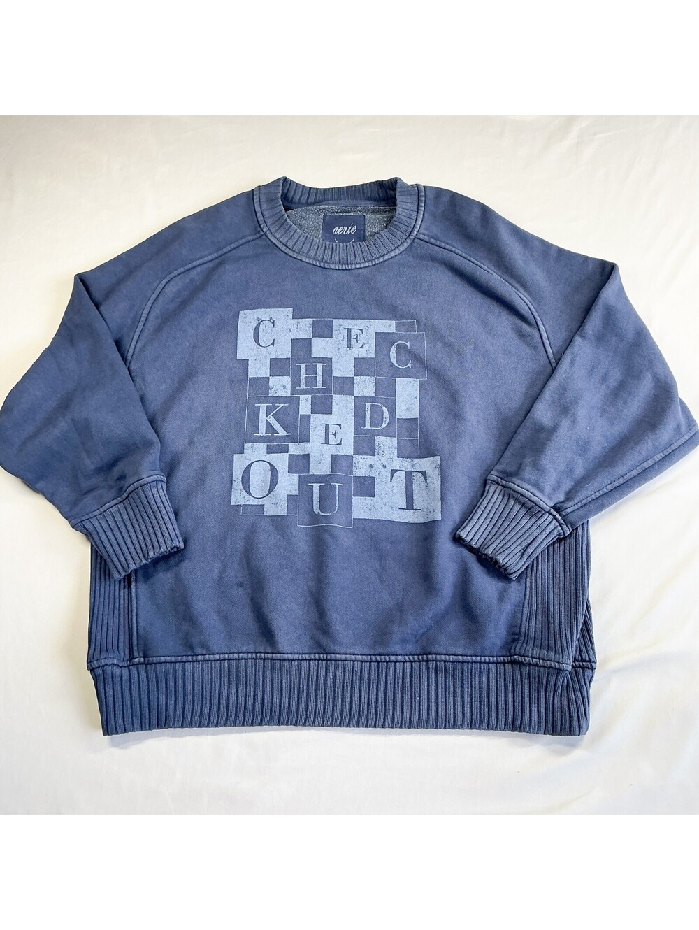 aerie Blue Checked Out Print Crew Neck Sweatshirt Pullover Size Petite Sml